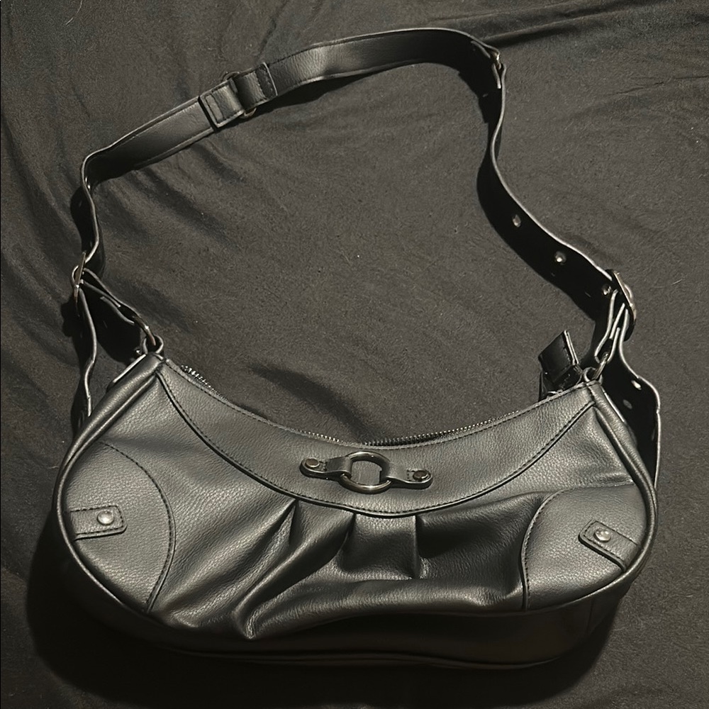 Black Shoulder Bag with Adjustable Strap and Glossy Finish